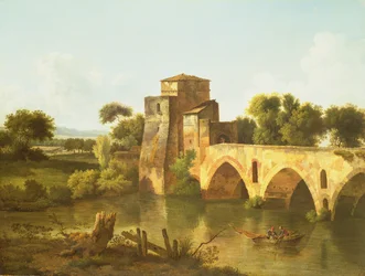 Scena fluviale con un pescatore